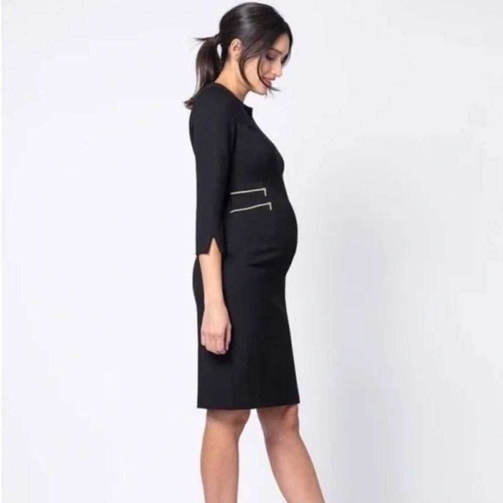 Seraphine US Women's 10 Gold Zip Detail Black Maternity Dress Stretch Office